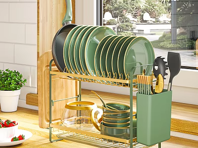 Golden Kitchenware Organizer with Green Black Plates Cups Spatulas and Transparent Kettle 3d model