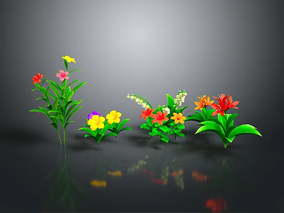 Colorful Flowers With Red Yellow Pink Orange Blooms Lush Green Leaves Against Gray Background Reflections 3d model