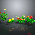Colorful Flowers With Red Yellow Pink Orange Blooms Lush Green Leaves Against Gray Background Reflections
