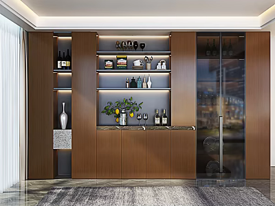 Elegant Modern Wooden Sideboard With Open Shelves Glass Doors And Decorative Items 3d model