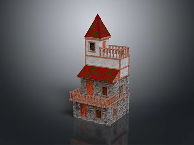 Cartoon Style Castle Tower With Red Patterned Roof Wooden Balcony And Stone Walls 3d model