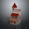 Cartoon Style Castle Tower With Red Patterned Roof Wooden Balcony And Stone Walls
