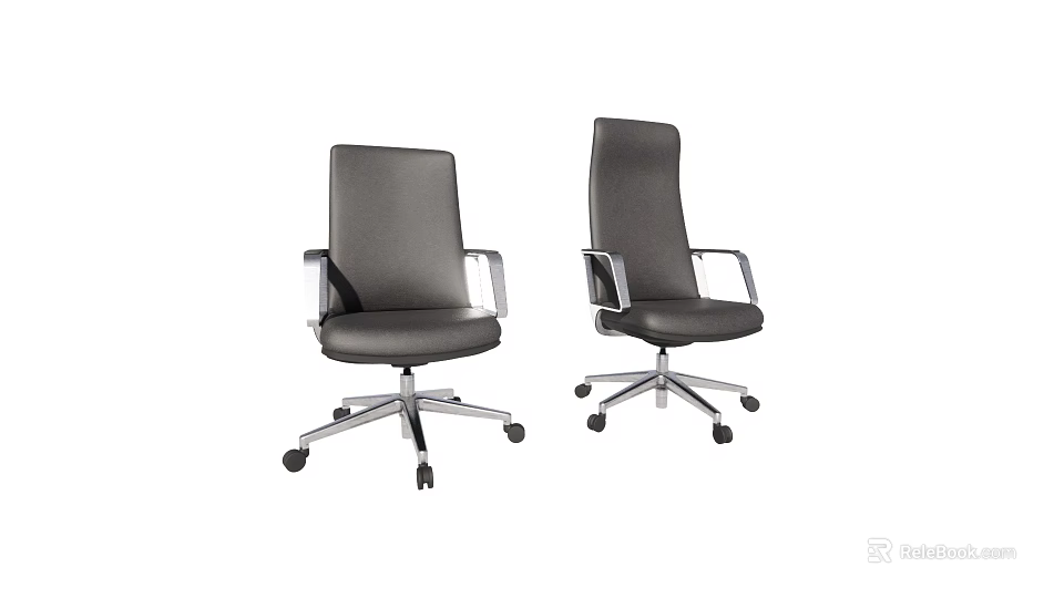 Two Gray Office Chairs with Armrests and Metal Base on Wheels 3d model 