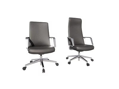 Two Gray Office Chairs with Armrests and Metal Base on Wheels 3d model