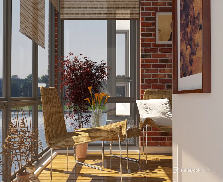 Cozy Sunlit Home Balcony With Wicker Chairs Small Table Flowers And Brick Wall 3d model 