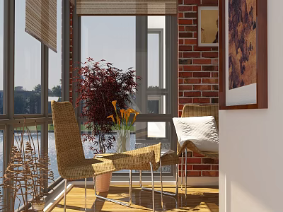 Cozy Sunlit Home Balcony With Wicker Chairs Small Table Flowers And Brick Wall 3d model
