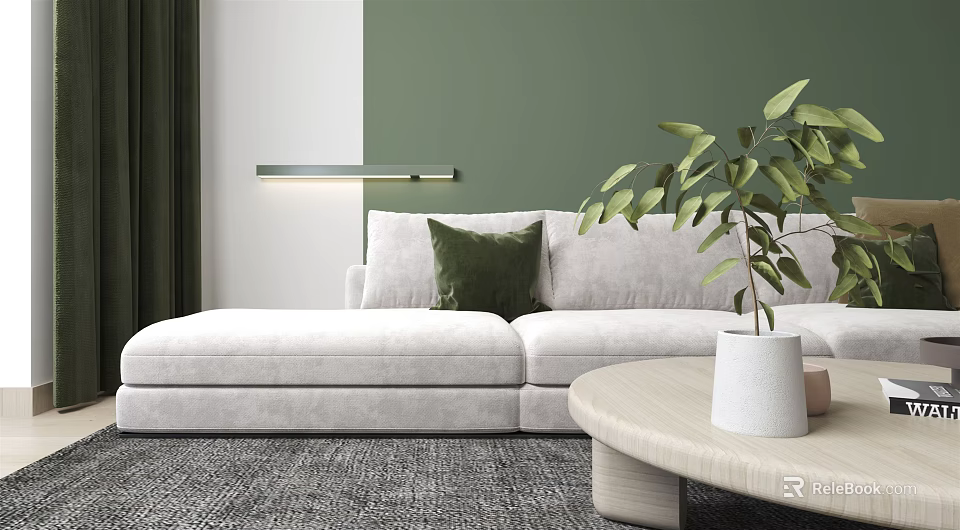 Modern Living Room Interior Design With White Sofa Green Wall And Potted Plant 3d model 