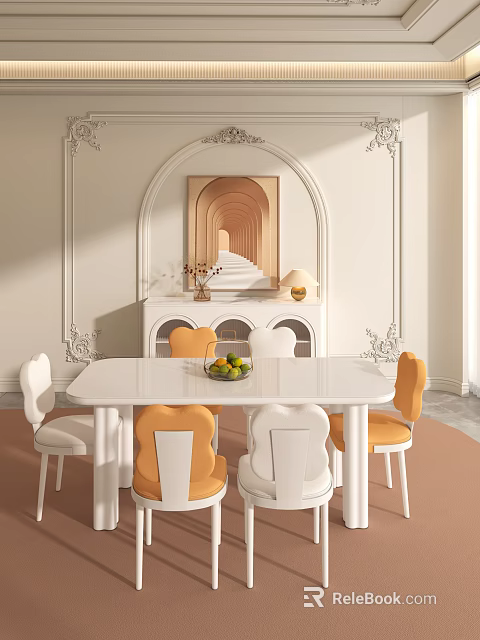 Elegant Modern White Dining Table Set with White Orange Chairs and Classic Wall Decor 3d model