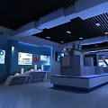 Modern Exhibition Hall Interior With Blue Lighting Multiple Display Screens And Glass Doors
