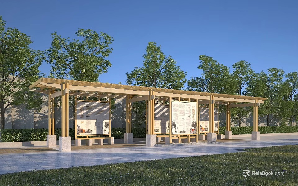 Outdoor Wooden Pergola With Display Boards Benches And Green Trees 3d model 