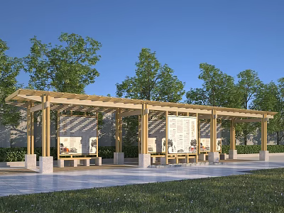 Outdoor Wooden Pergola With Display Boards Benches And Green Trees 3d model