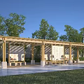 Outdoor Wooden Pergola With Display Boards Benches And Green Trees