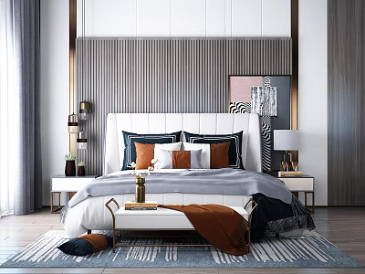 Modern Bedroom Interior Background Double Bed With White Headboard Pillows And Striped Accent Wall 3d model