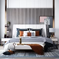 Modern Bedroom Interior Background Double Bed With White Headboard Pillows And Striped Accent Wall