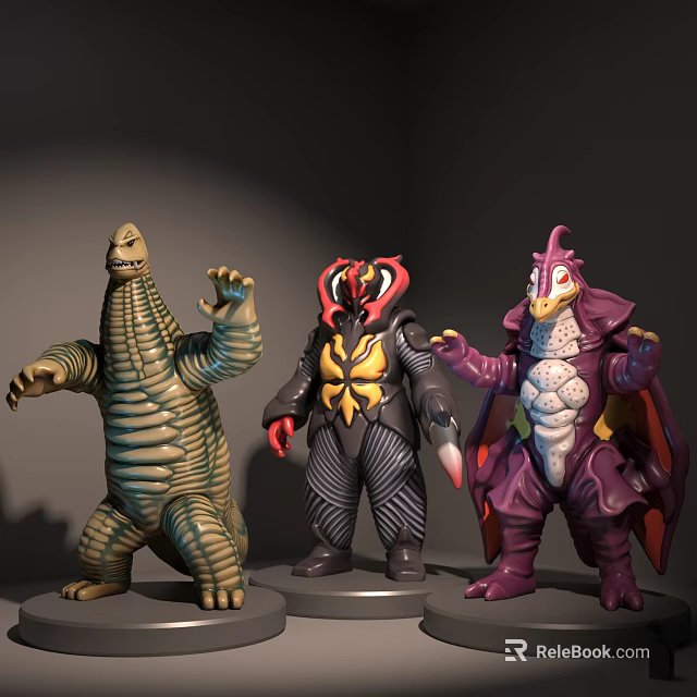 Collectible Monster Action Figures In Green Black And Purple With Unique Designs 3d model 