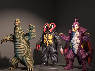Collectible Monster Action Figures In Green Black And Purple With Unique Designs 3d model