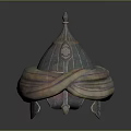 Ancient Weapon Helmet Metal Construction With Pointed Top Engraved Design And Colorful Fabric Wrapped Around