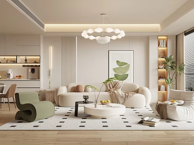 Modern Living and Dining Room Interior Featuring White Sofa Green Chair Chandelier And Patterned Rug 3d model