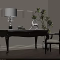 Dark Wooden Desk With Carved Legs Table Lamp Books White Deer Figurine And Padded Chair