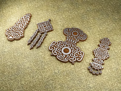 Intricate Wooden Carved Decorations With Ornate Patterns On Golden Background 3d model Intricate Wooden Carved Decorations With Ornate Patterns On Golden Background 3d model