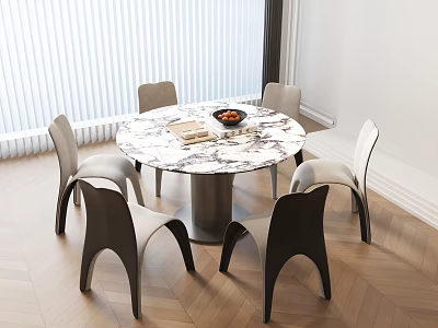 Contemporary Dining Table Set With Round Marble Top And Six Modern Chairs 3d model