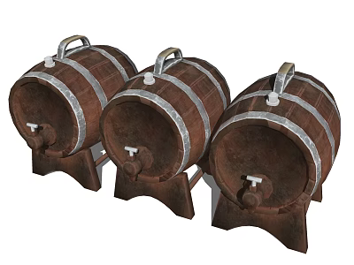 Traditional Wooden Barrels With Metal Hoops Spigots And Stands For Household Use 3d model