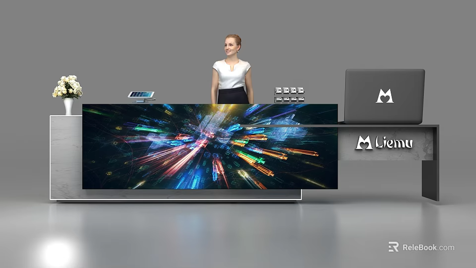 Modern Reception Desk Interior With Woman Receptionist Tablet And White Flower Vase 3d model 