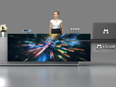Modern Reception Desk Interior With Woman Receptionist Tablet And White Flower Vase 3d model