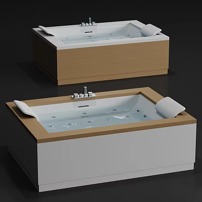 Elegant Bathtub with Wooden Frame White Surface Faucet and Comfortable Cushions 3d model