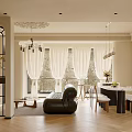 Elegant French Style Living Dining Room With Marble Fireplace Built In Shelves And Vintage Chandelier