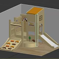 Wooden Children's Play Structure With Yellow Roof Slide Windows And Railings