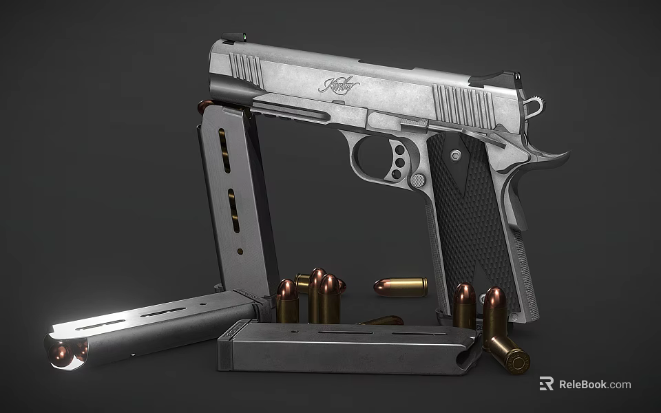 Close Up View of Silver Pistol with Open Magazine and Scattered Bullets 3d model 