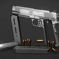 Close Up View of Silver Pistol with Open Magazine and Scattered Bullets