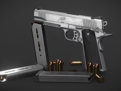 Close Up View of Silver Pistol with Open Magazine and Scattered Bullets 3d model