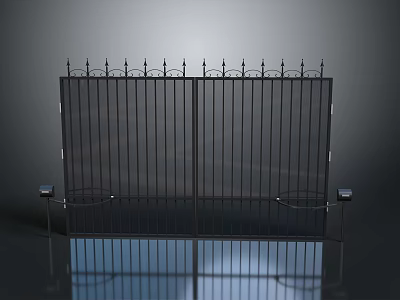 Scenic Landscape Featuring Black Iron Gate With Spiked Top Decoration Garden Lights And Ground Reflection 3d model