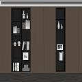 Modern Brown Cabinet With Black Open Shelves Books Decorative Items Photo Frames And Vases