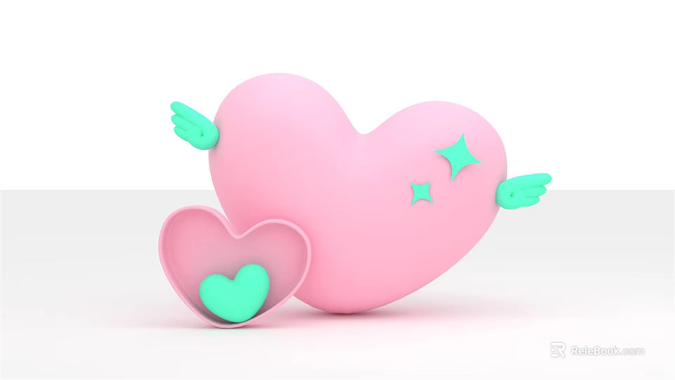 Pink Heart With Green Wings And Stars Alongside Small Heart Box With Tiny Green Heart 3d model 