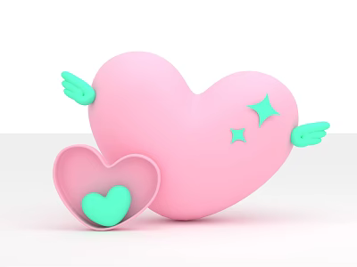 Pink Heart With Green Wings And Stars Alongside Small Heart Box With Tiny Green Heart 3d model