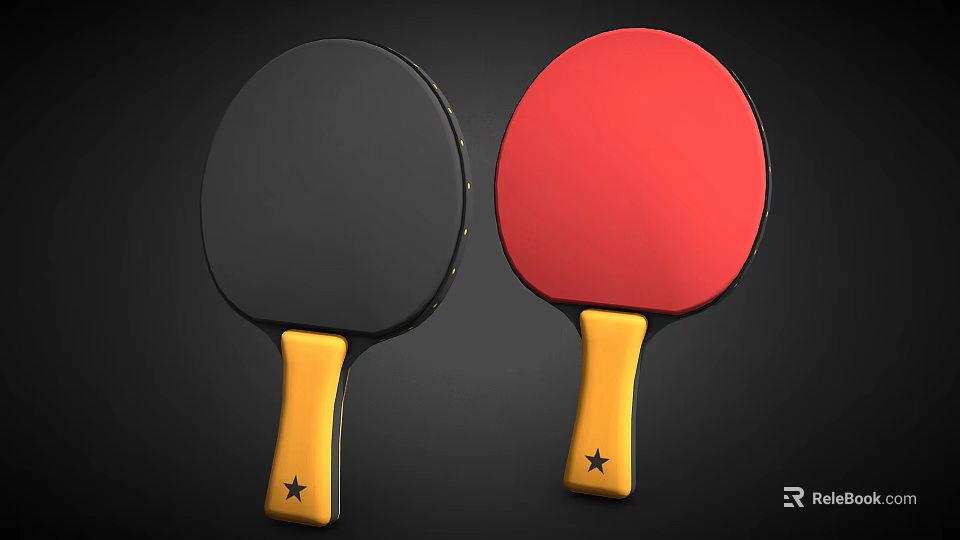 Two Table Tennis Rackets With Black Red Faces And Yellow Handles With Stars 3d model 