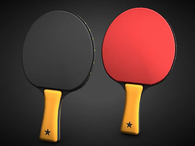 Two Table Tennis Rackets With Black Red Faces And Yellow Handles With Stars 3d model