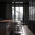 Modern Open Kitchen Interior Design With Large Windows Cityscape View And Dark Cabinets 3d model