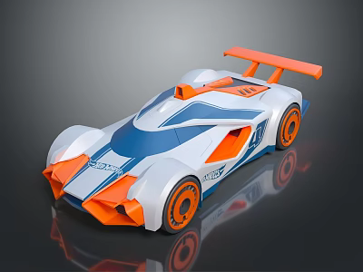 Streamlined Blue White and Orange Race Car with Orange Wheels and Rear Wing 3d model