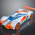 Streamlined Blue White and Orange Race Car with Orange Wheels and Rear Wing