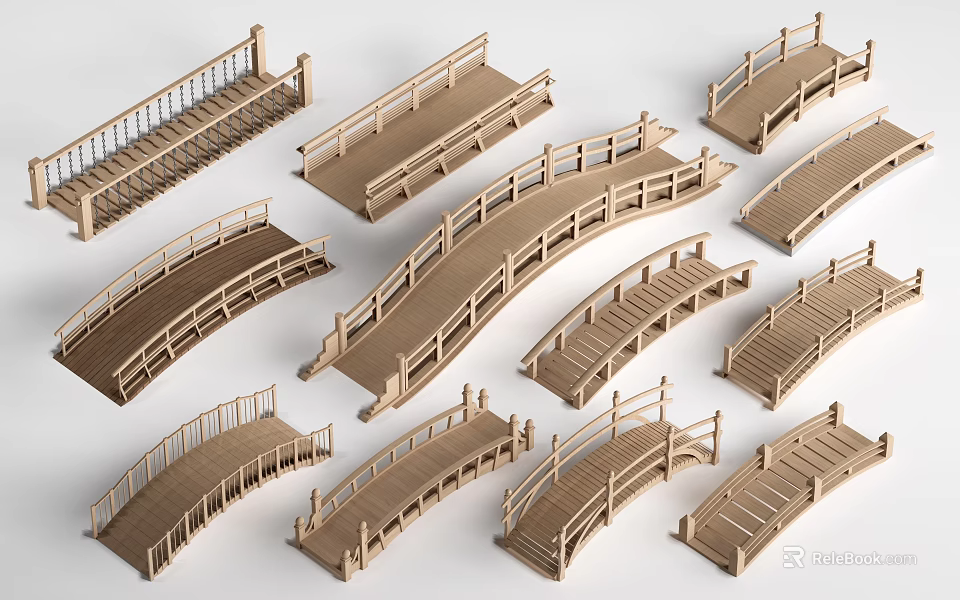 Wooden Landscape Bridges With Various Designs Multiple Styles And Decorative Features 3d model 