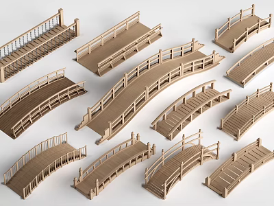 Wooden Landscape Bridges With Various Designs Multiple Styles And Decorative Features 3d model