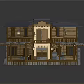 Octagonal Wooden Two Story Building With Blue Roof Balconies Awnings And Lanterns