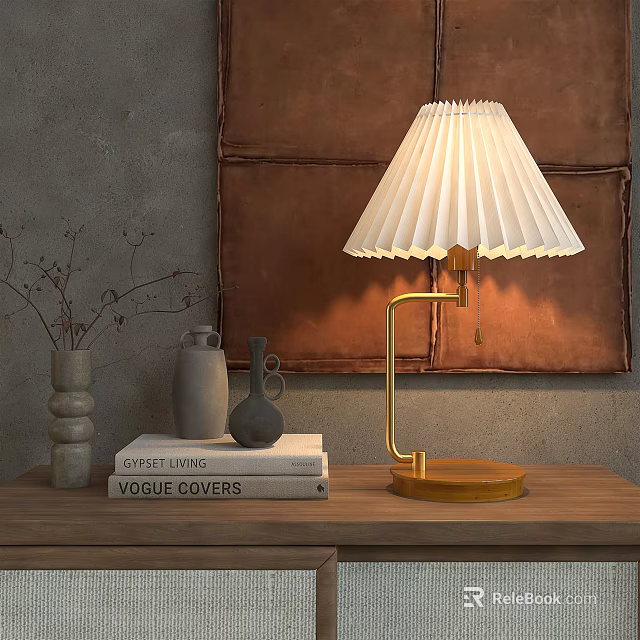 Stylish Gold Table Lamp With White Pleated Shade On Wooden Desk With Books And Vases 3d model 