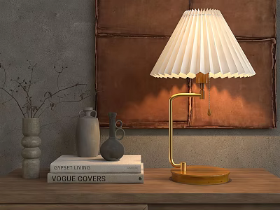 Stylish Gold Table Lamp With White Pleated Shade On Wooden Desk With Books And Vases 3d model