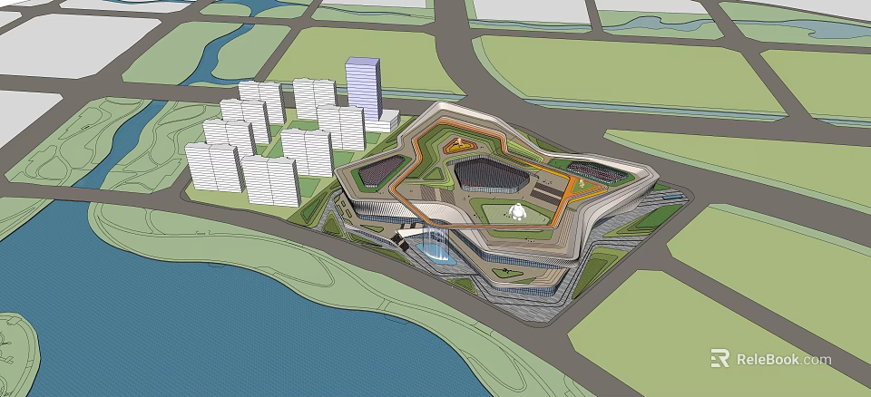 Modern Commercial Complex With Waterfront Green Spaces And Road Connections 3d model