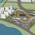 Modern Commercial Complex With Waterfront Green Spaces And Road Connections 3d model